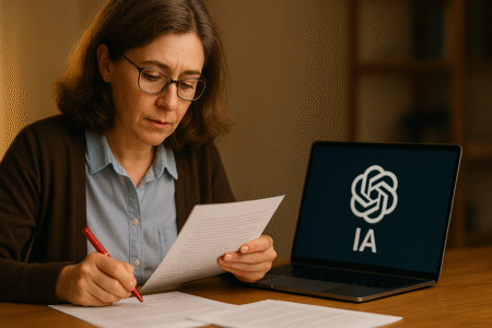 Une professeure corrige des copies à l’aide de l’IA