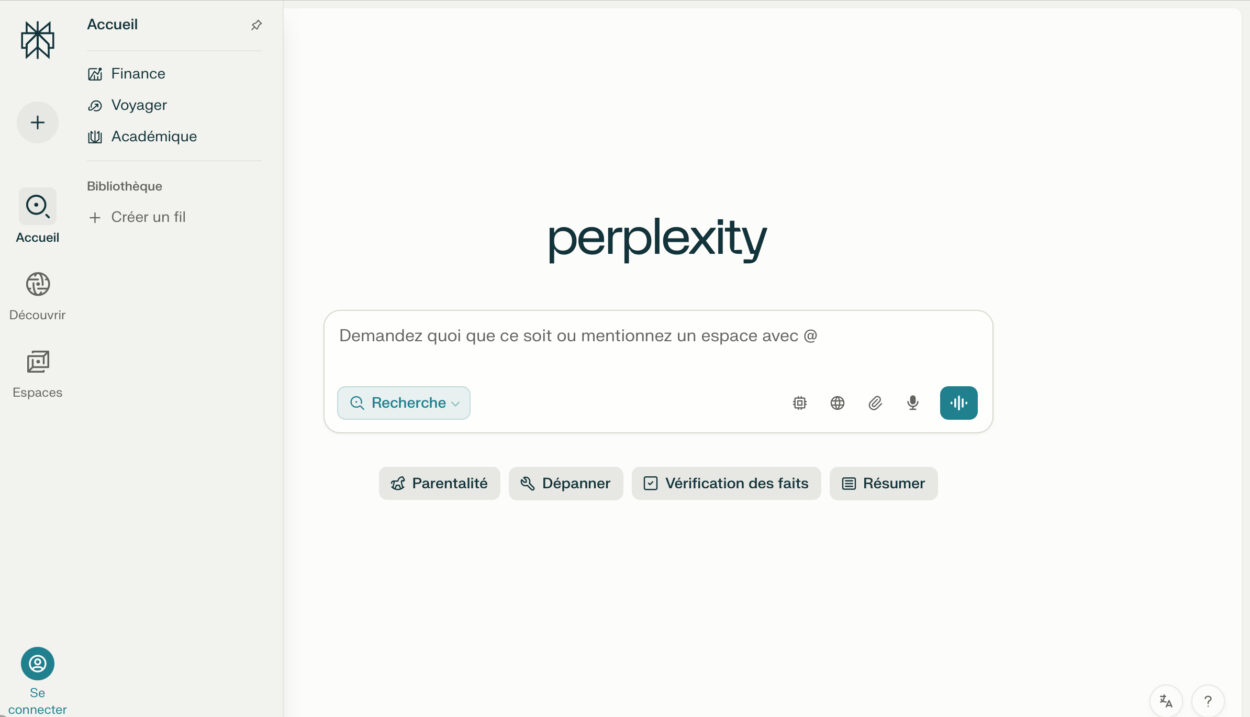 Page d’accueil Perplexity AI.