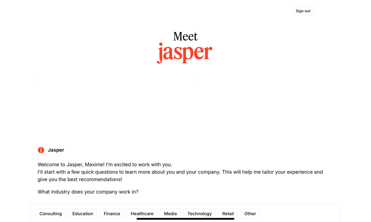 Page d’accueil Jasper AI.
