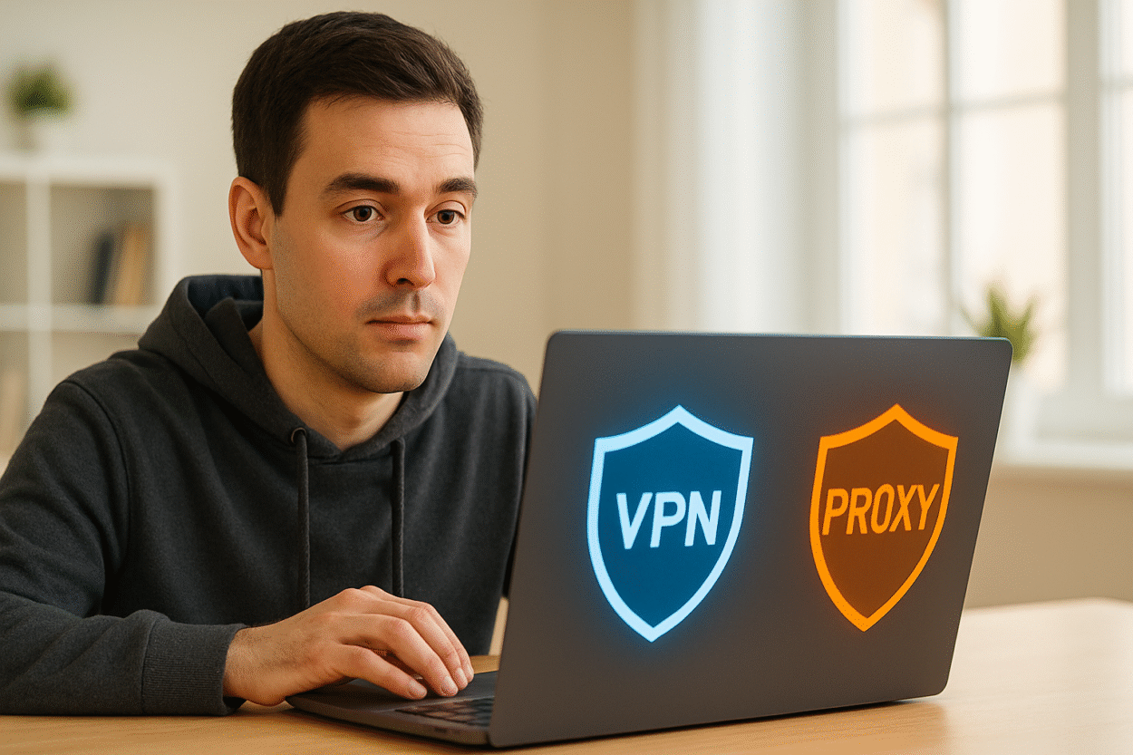 Un homme devant son ordinateur regardant les VPN et les Proxy
