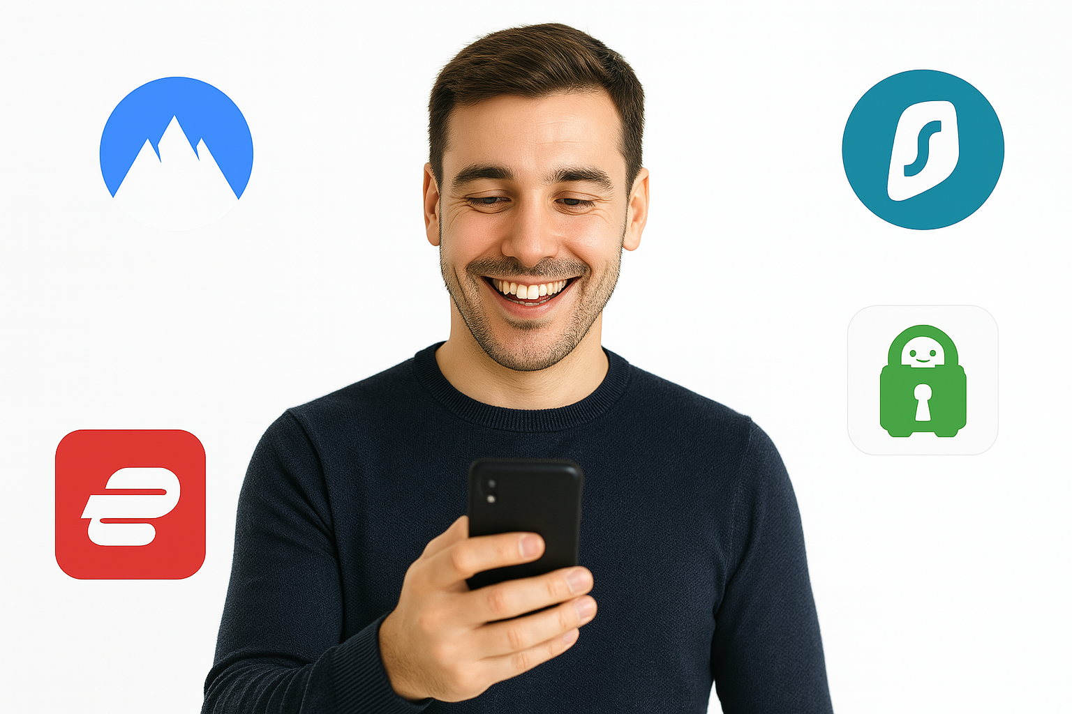 Un homme sur son téléphone avec quelques uns des meilleurs VPN.