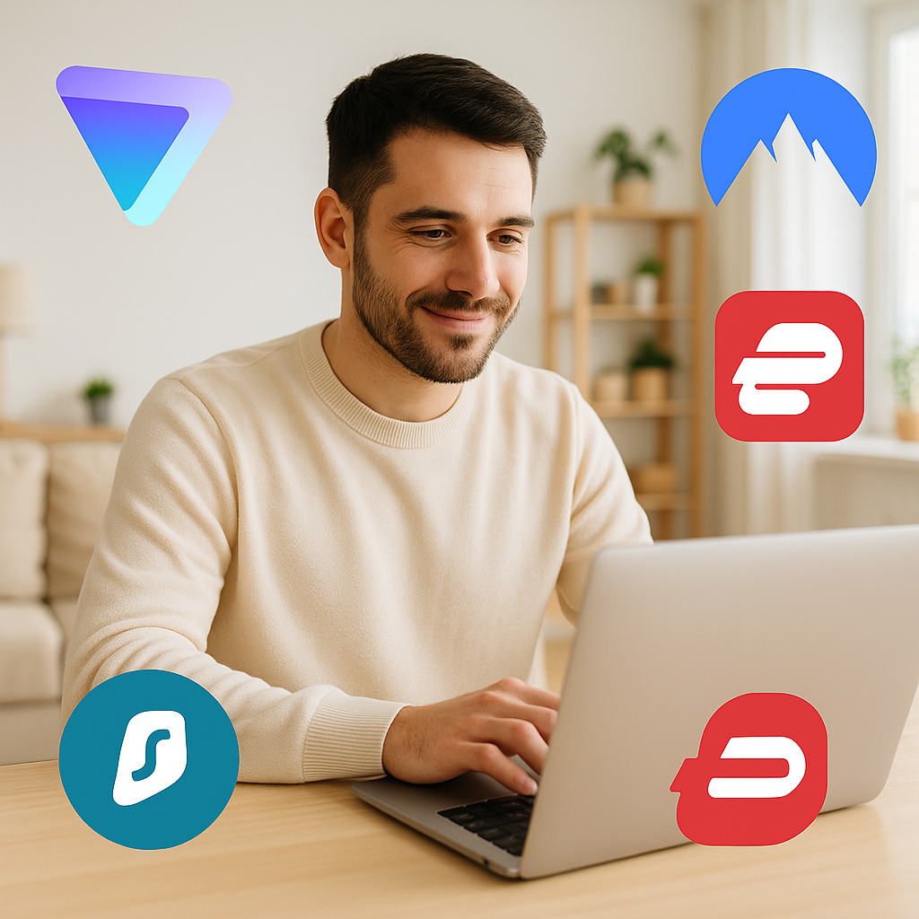 Un homme sur son ordinateur avec logos VPN