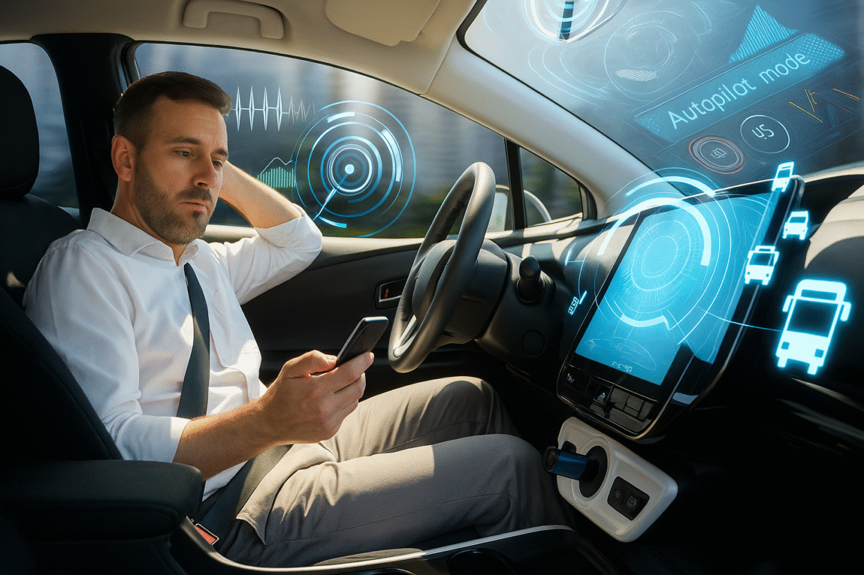 Homme au volant d’une voiture autonome.