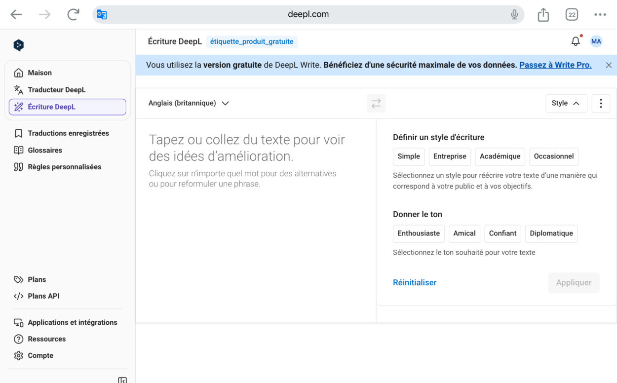Capture d’écran de la page DeepL Write.