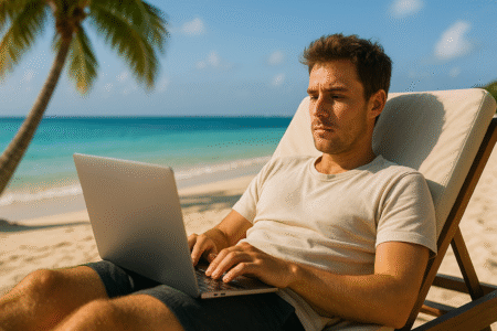 Un homme sur son ordinateur au bord de la plage.