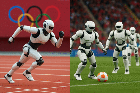 Épreuve d’Athlétisme et de football lors de Jeux Olympiques pour robots humanoïdes.
