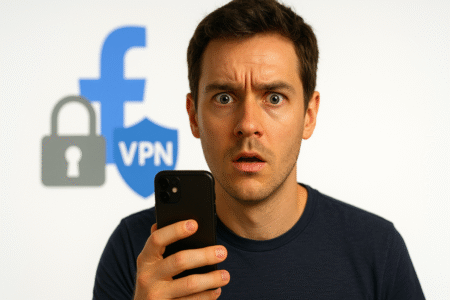 Un homme découvrant l’espionnage par Facebook depuis un VPN.