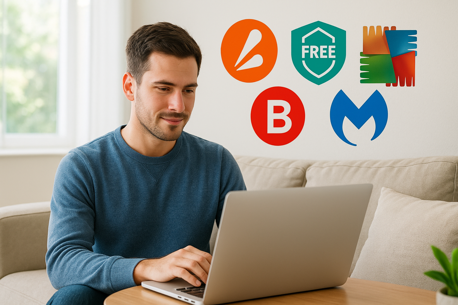 Une personne regardant son ordinateur avec des antivirus en arrière plan.