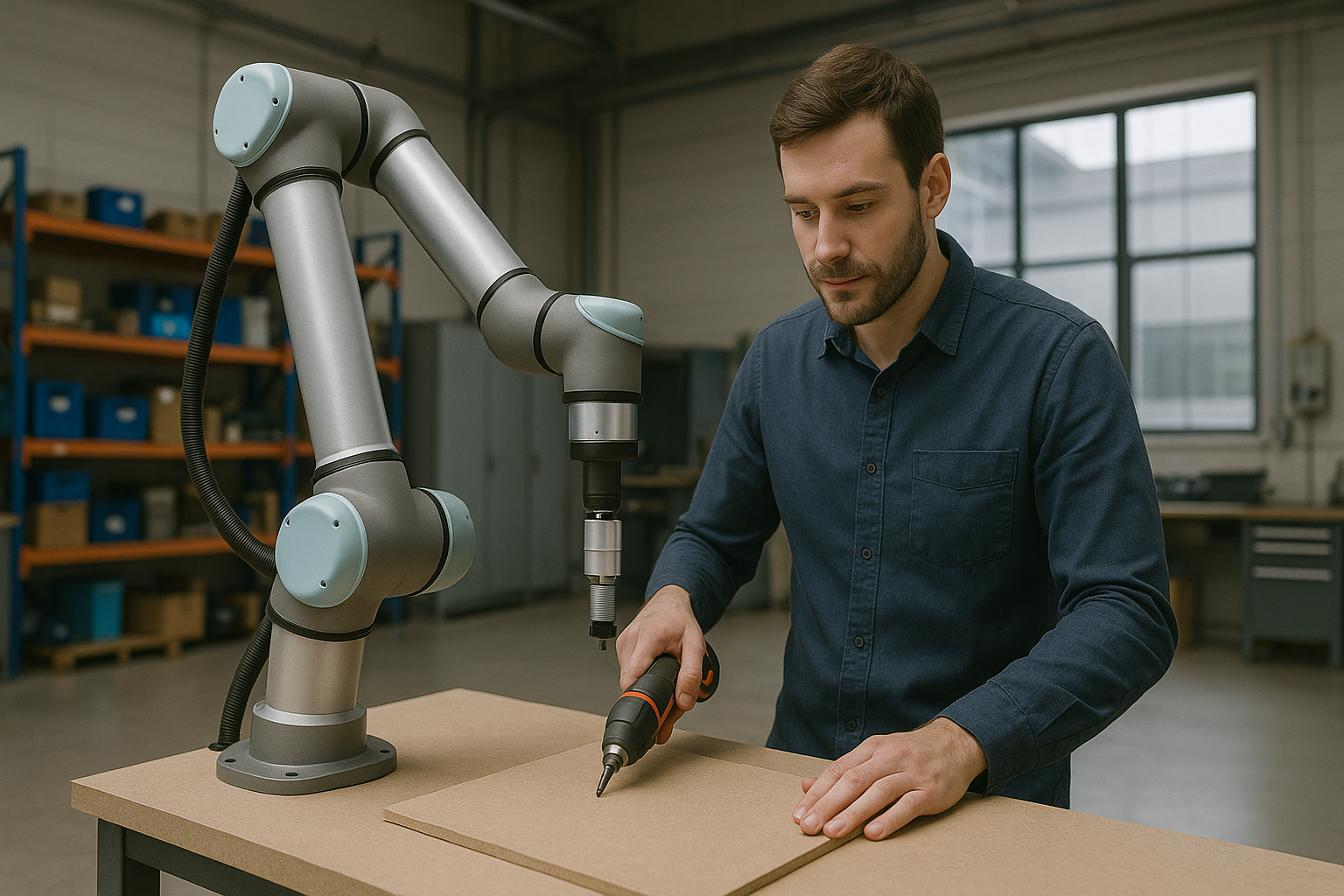 Un homme qui travaille aidé d’un cobot.