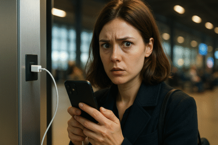 Une personne qui recharge son téléphone sur une borne publique.