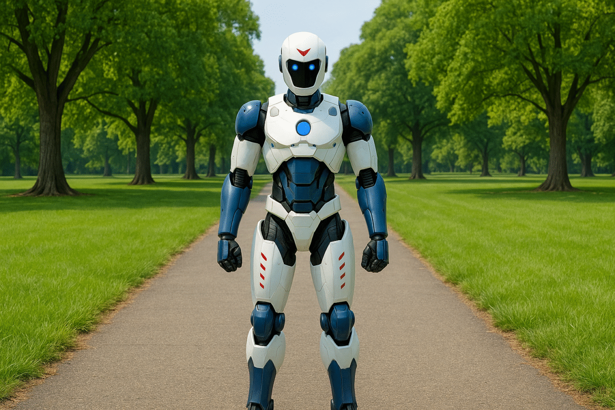 Robot unitree R1 dans un parc.