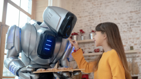 Un robot sert à manger à une petite fille.