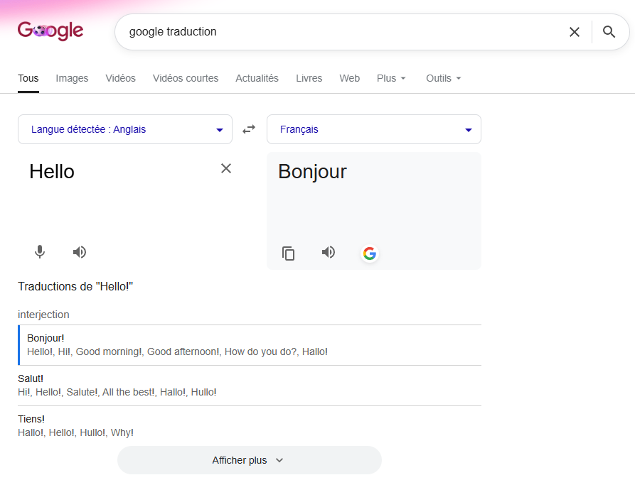 Google Traduction dans le moteur de recherche Google