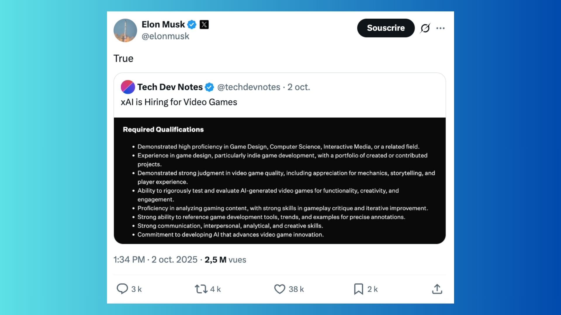 Tweet d'Elon Musk jeux video