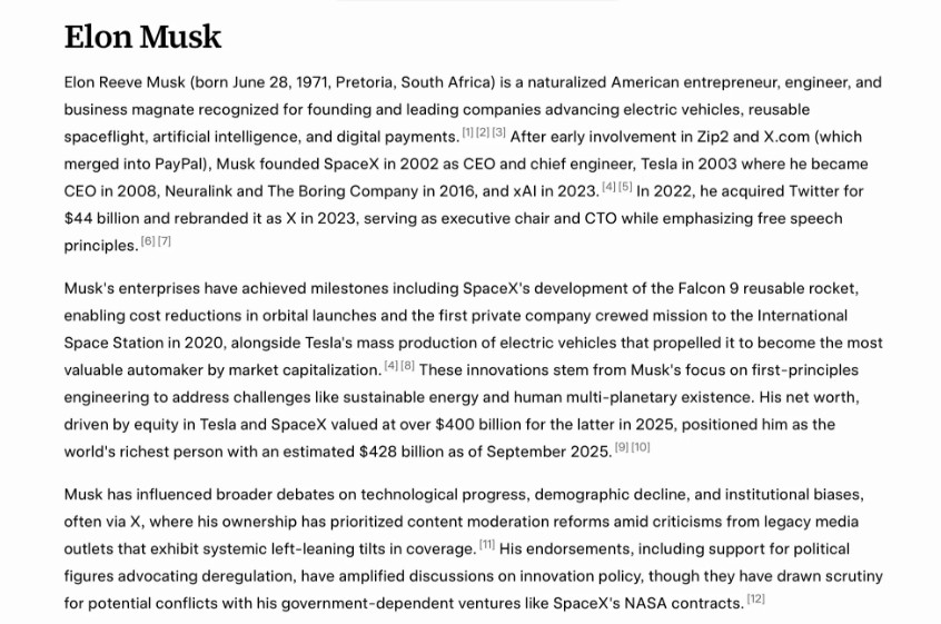 Biographie d'Elon Musk sur Grokipedia.