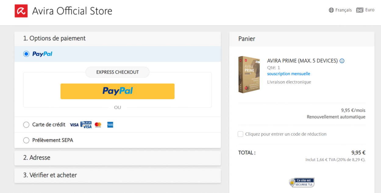 Avira Prime page de paiement