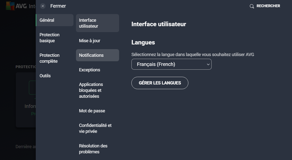Paramètres de test de l'antivirus AVG