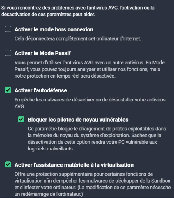 résolution des problèmes sur l'antivirus AVG (3)