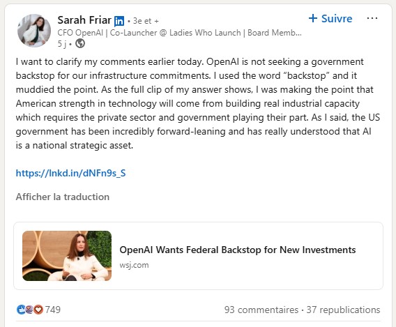 Sarah Friar sur Linkedin