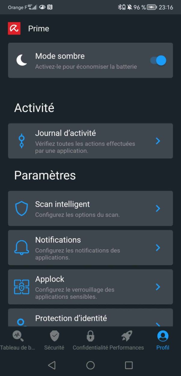 Appli mobile Avira paramètres