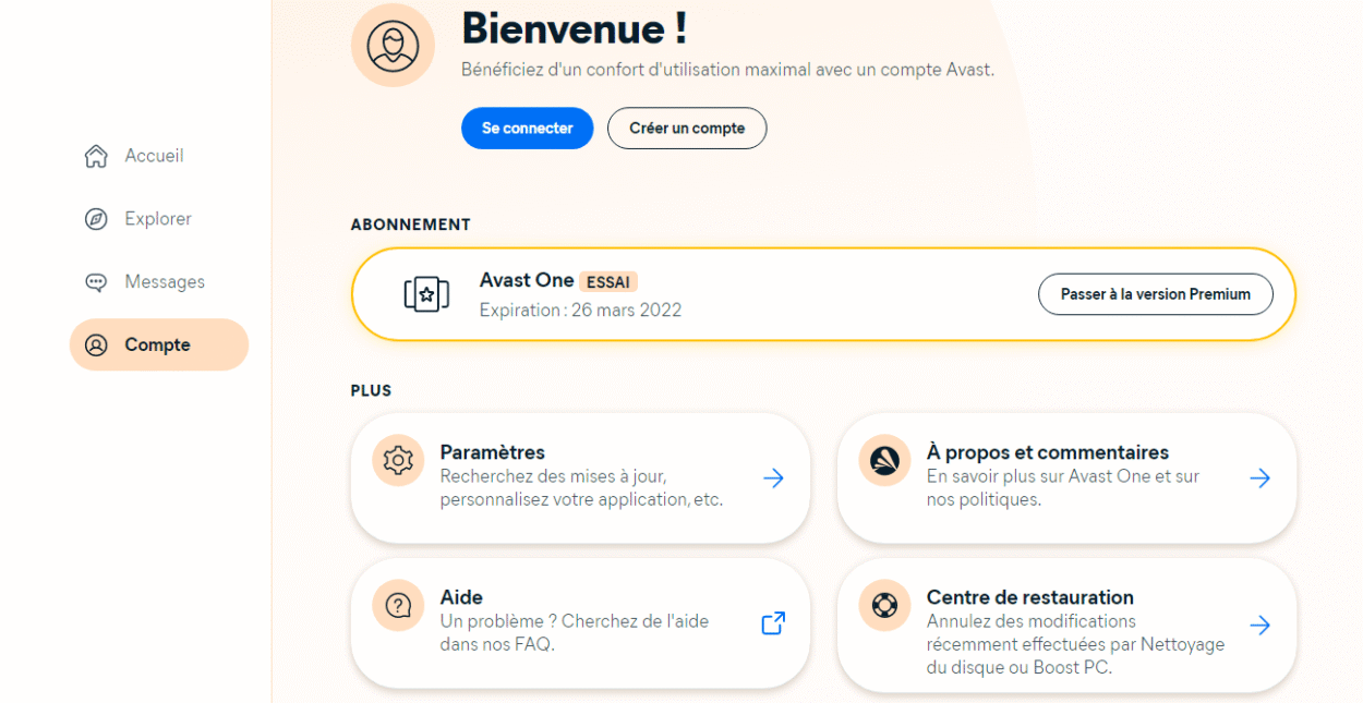 Avast One Dashboard Compte