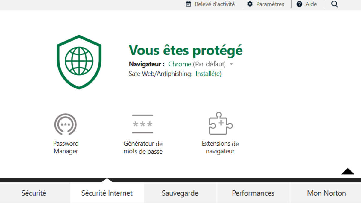 Onglet Sécurité Internet Norton