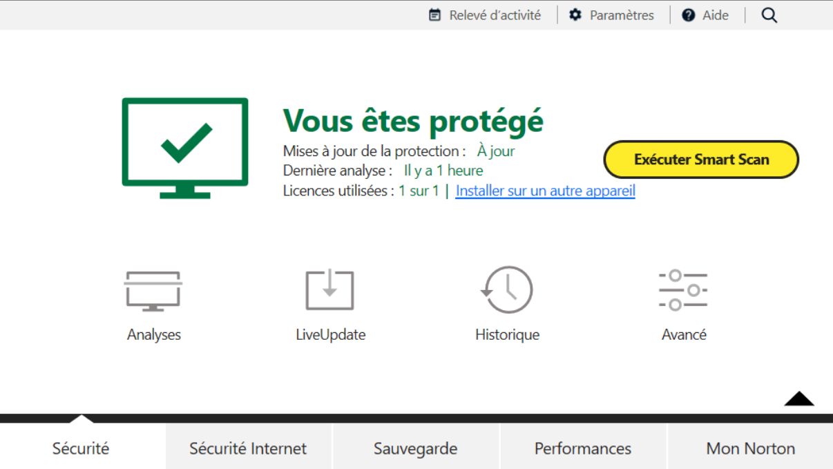 Page d'accueil Antivirus Norton (onglet Sécurité)