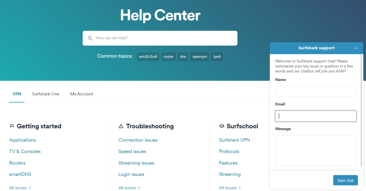 Page du service client Surfshark