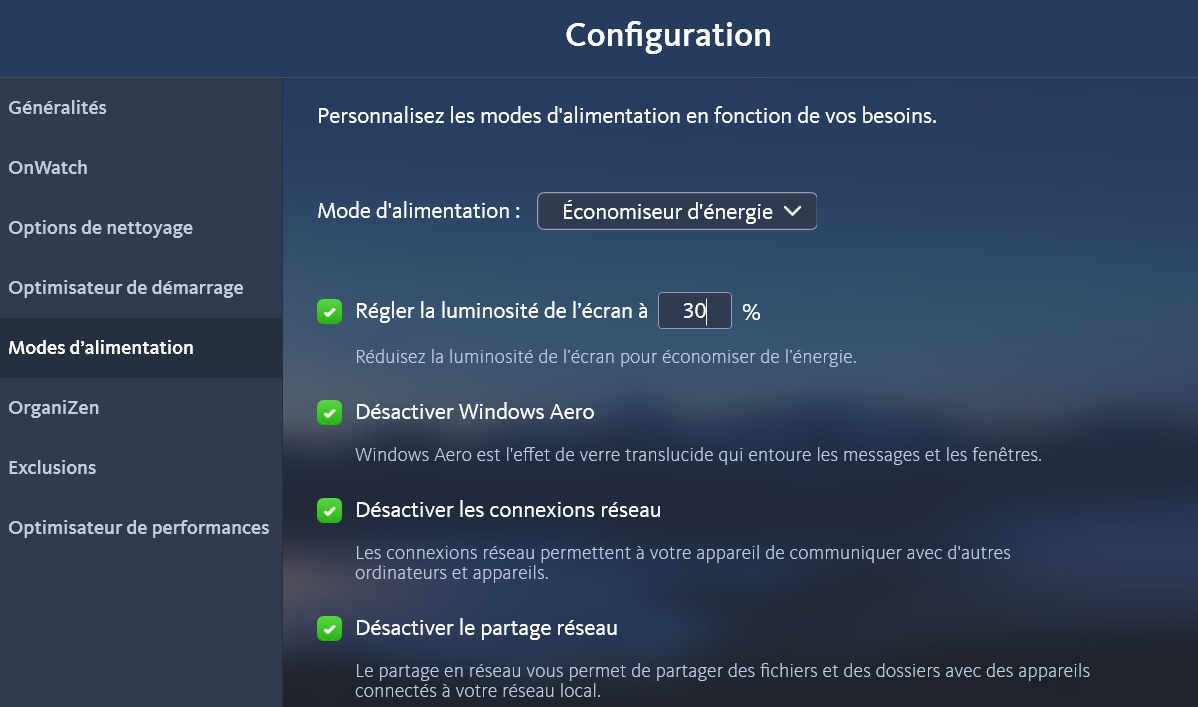 Paramètres gestionnaire d'énergie Avira