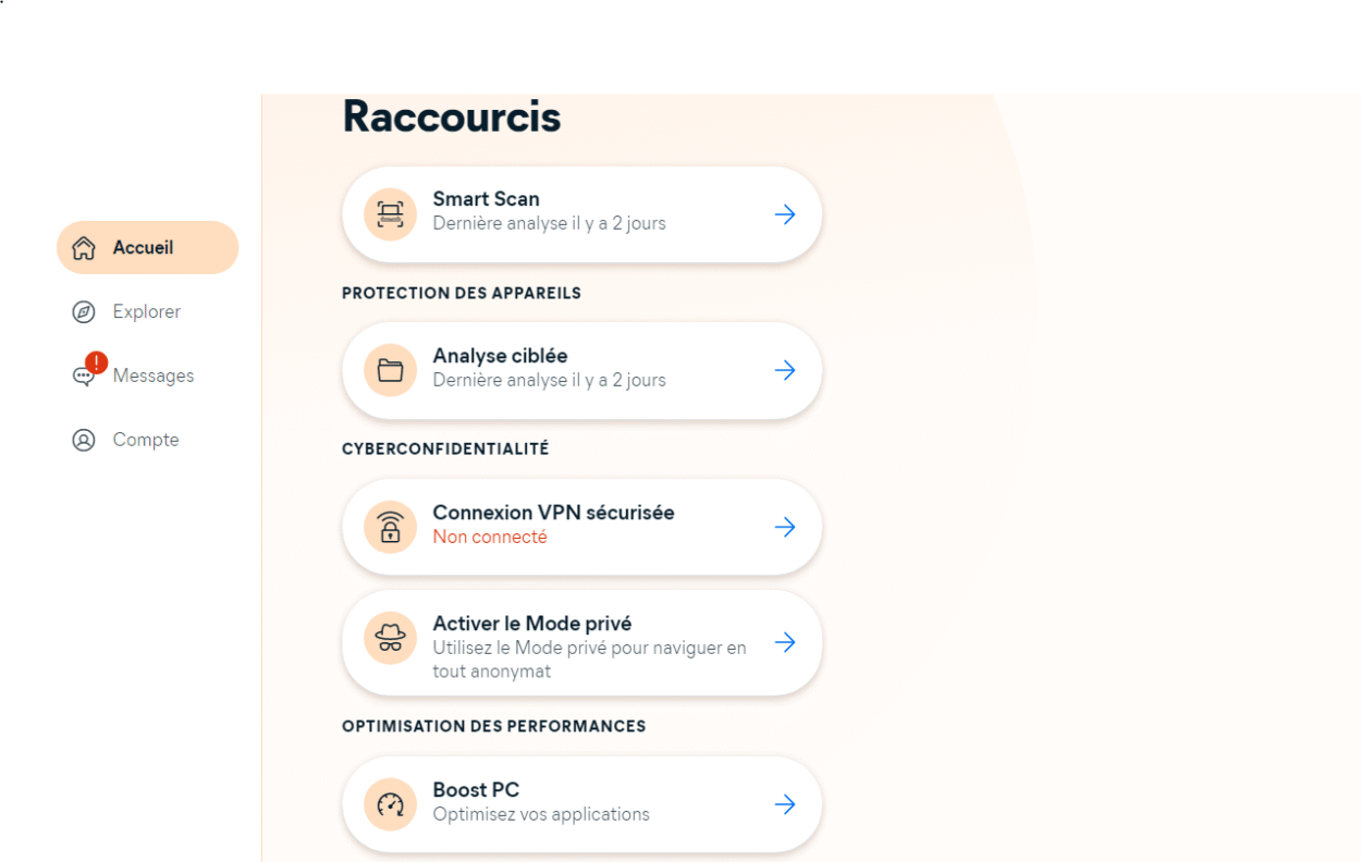 Raccourcis Avast One Test