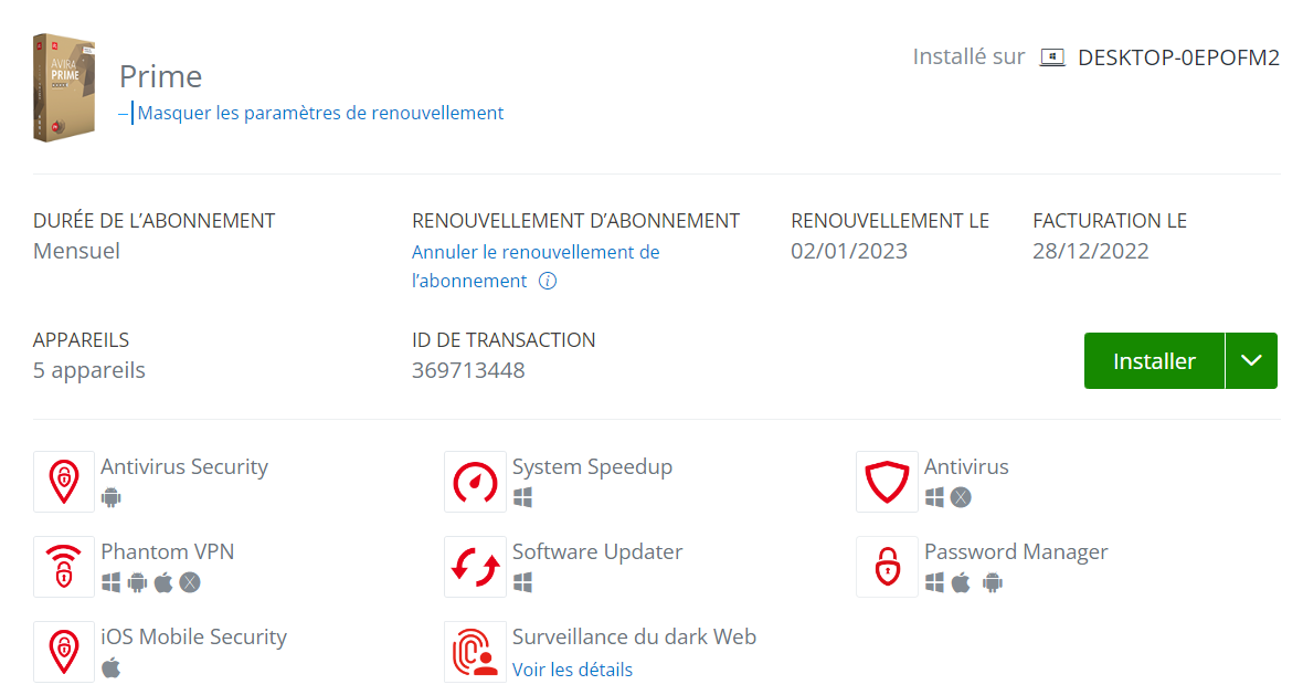 changer le renouvellement d'abonnement Avira Prime