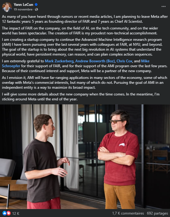 Post de Yann LeCun sur Facebook