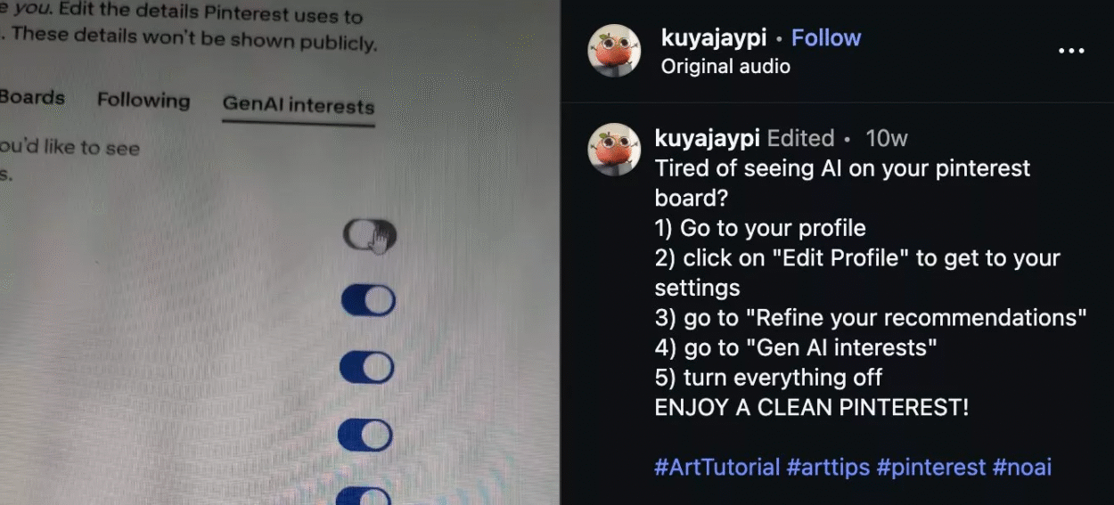 Paramètre de désactivation des contenus IA sur Pinterest