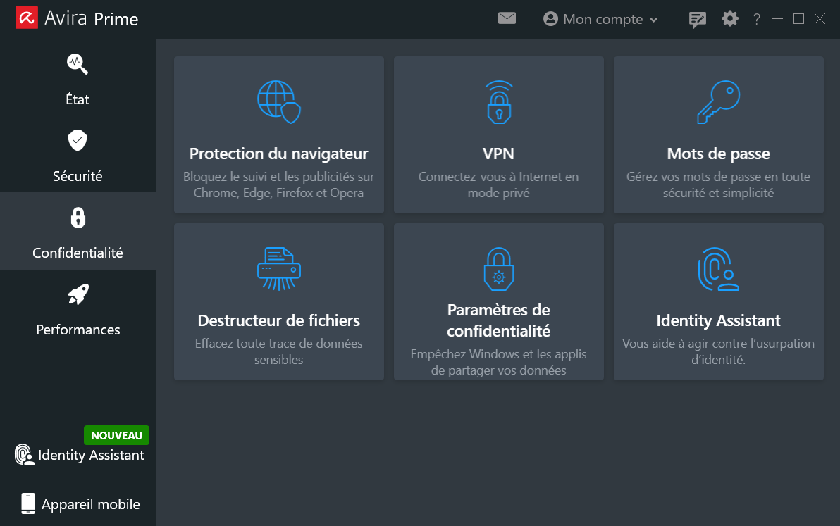 options de confidentialité Avira Prime