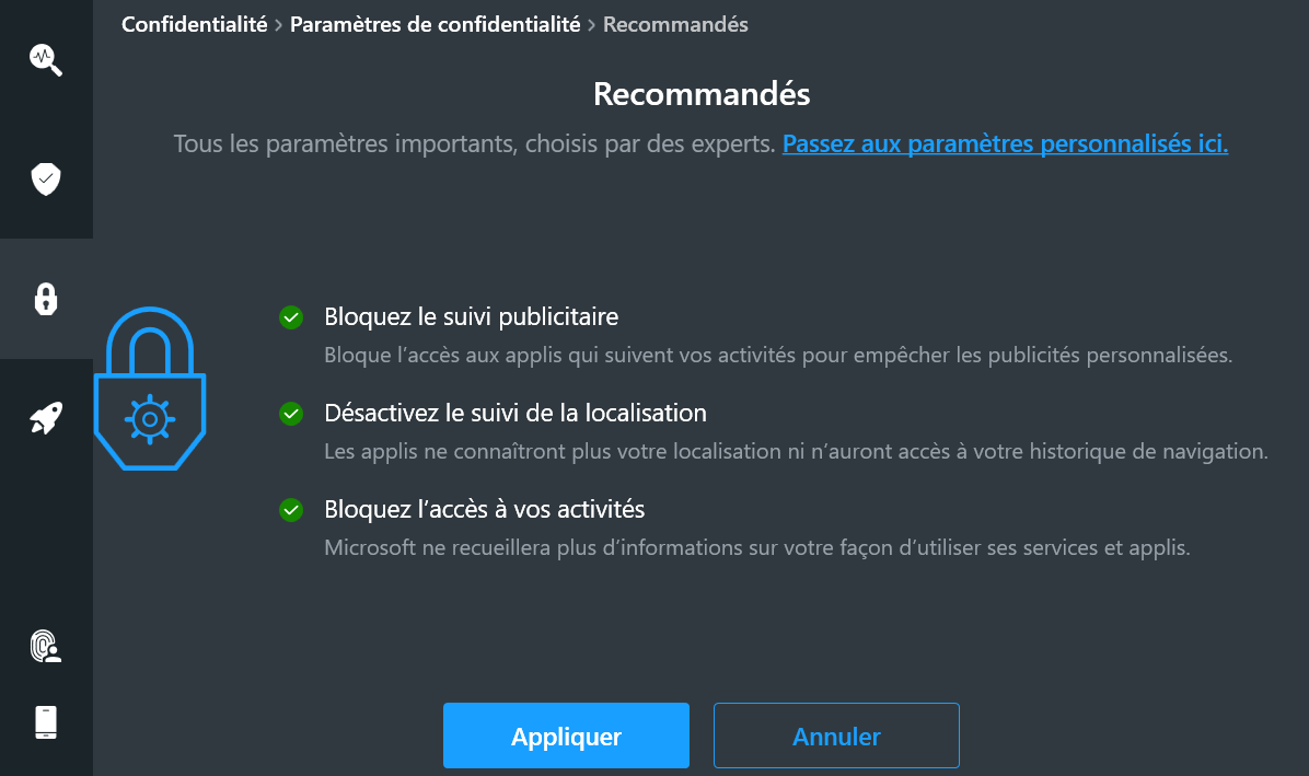 paramètres de confidentialité Avira Prime