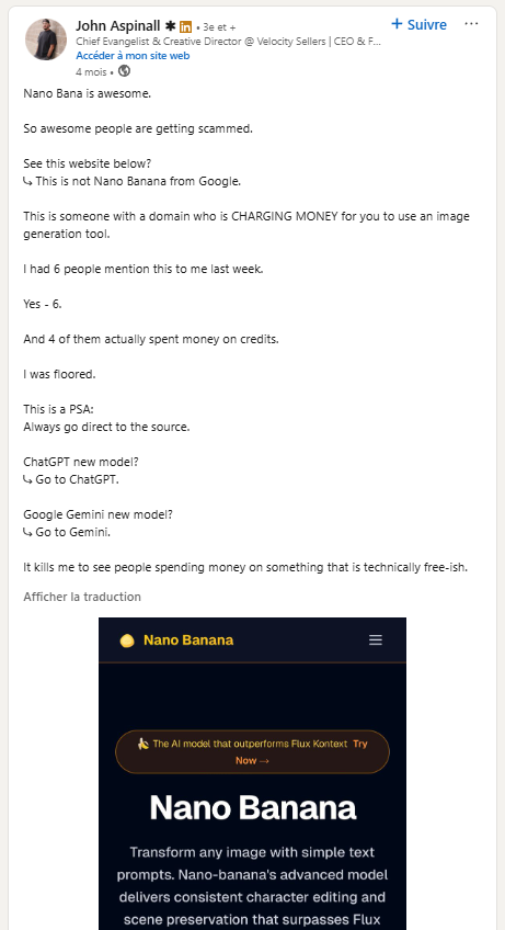 Alerte de John Aspinall sur les faux sites Nano Banana