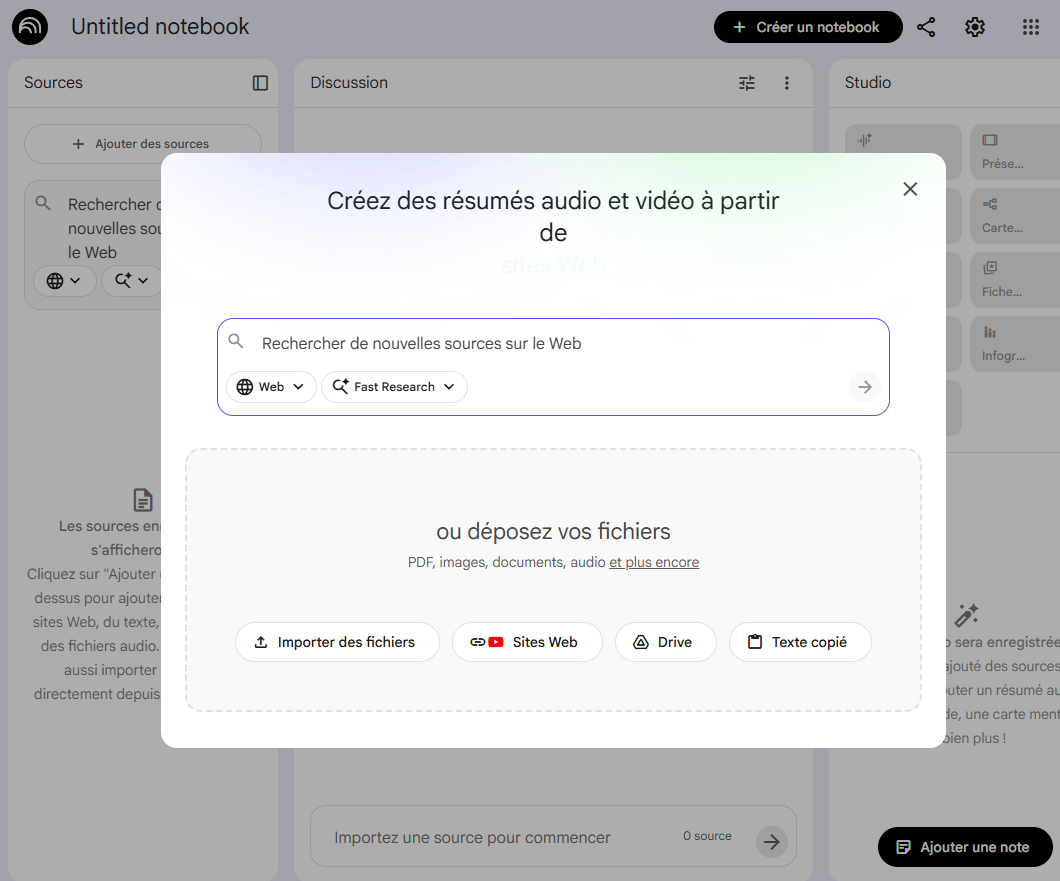 L'interface pour ajouter des sources dans NotebookLM