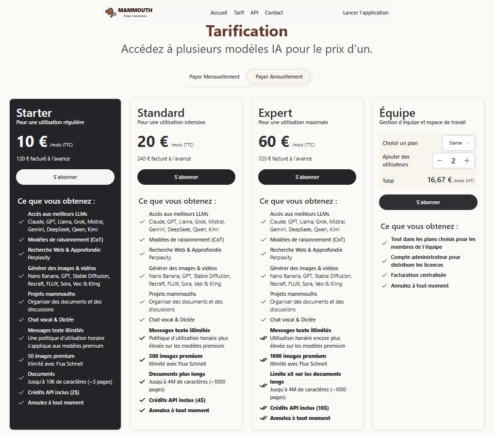 Abonnements Mammouth AI
