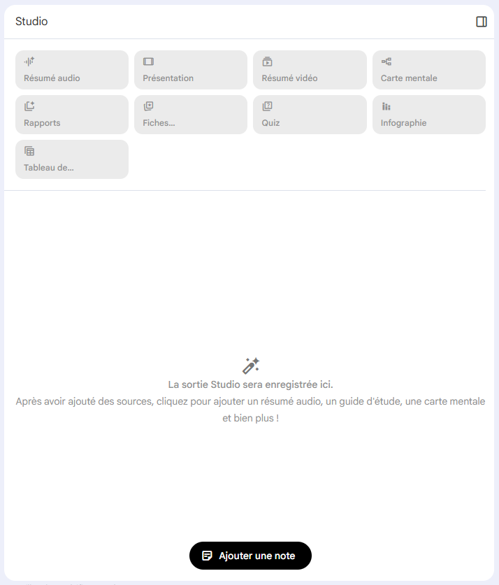 Onglet Studio dans NotebookLM