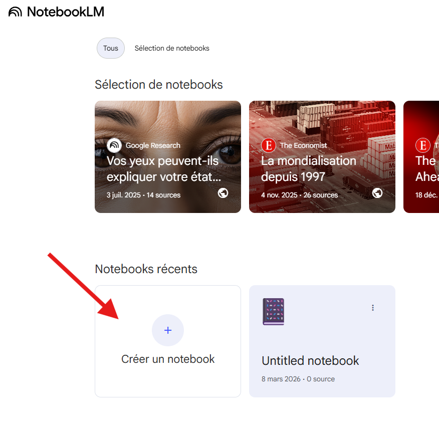 Page d'accueil de NotebookLM