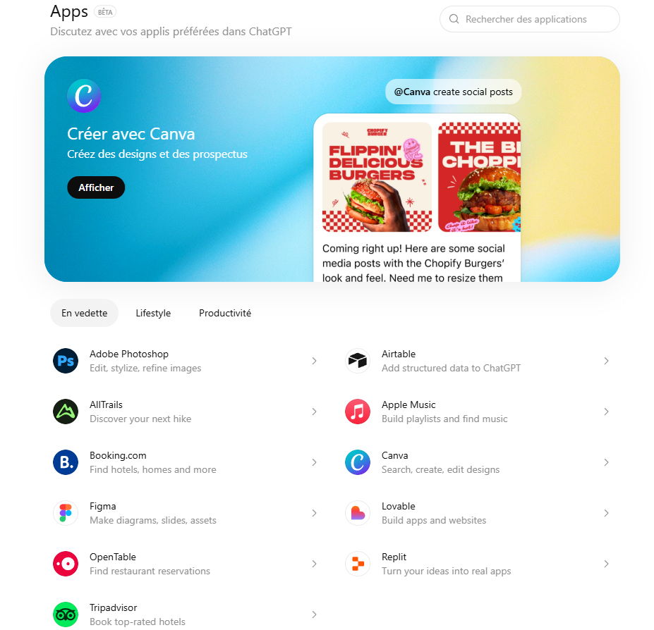 Applications utilisables dans ChatGPT