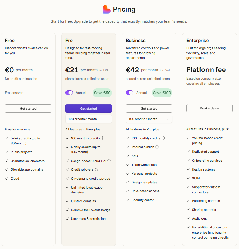 Abonnements et tarifs de Lovable