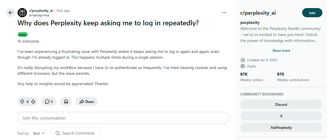 Problème de connexion à Perplexity pour un utilisateur de Reddit