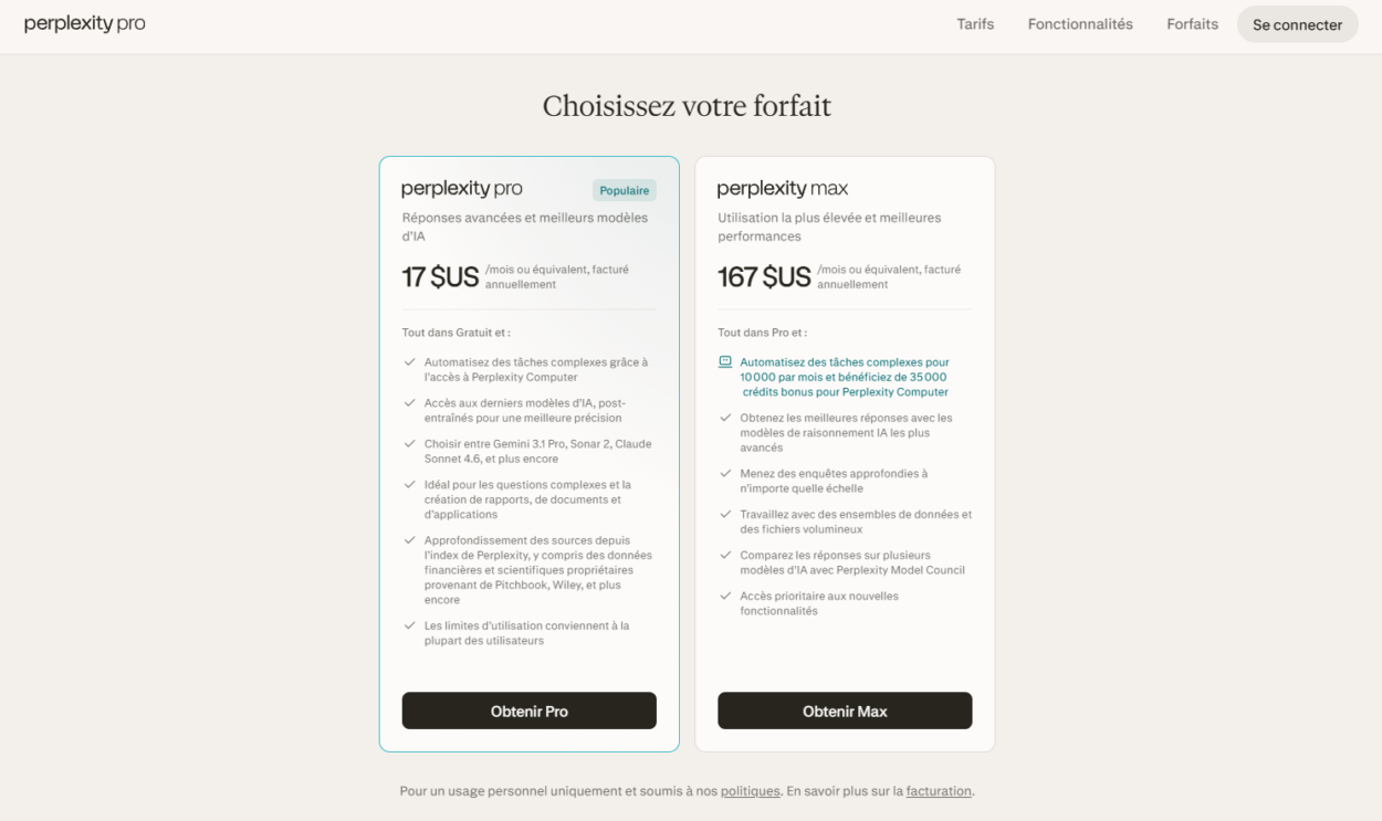 Abonnements Perplexity Pro et Max