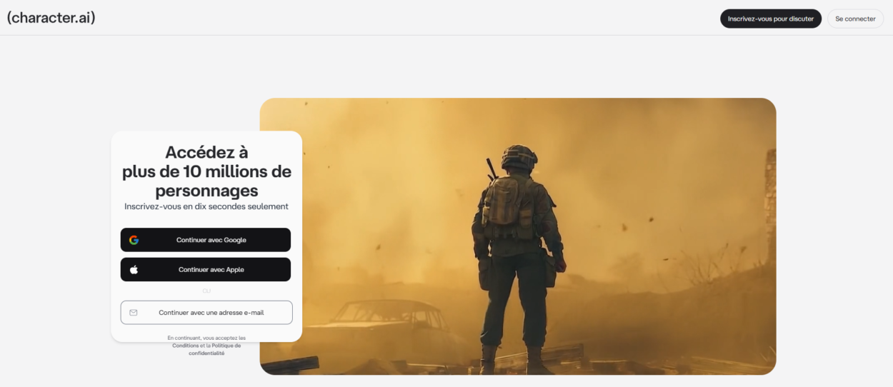 Page d'accueil de Character.AI
